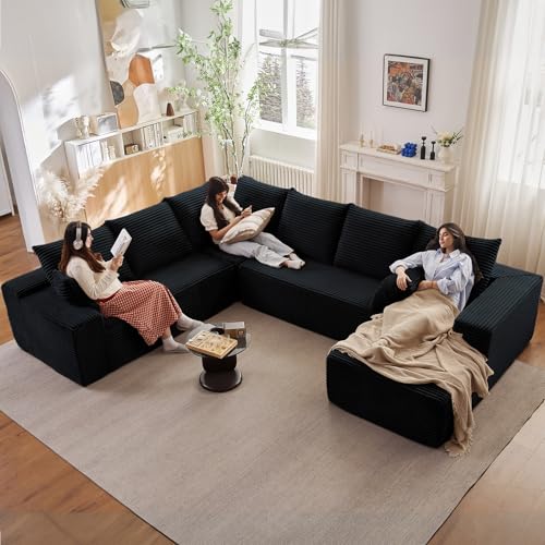 Image of Modern Modular Sectional Sofa, Big Comfy Corduroy Cloud Couch with Deep Seat, Boneless Couch Upholstered 6-Seater U-Shaped Sofa for Living Room, No Assembly Required (Black, Right-Facing Chaise)