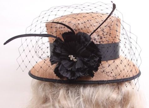 Cinnamay Women's Hat with Ribbon, Flower and Netting - Tan