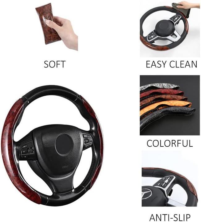 Miniatura 2 de Funda para volante de automóvil segmentado de grano de madera con forro antideslizante, ajuste universal para la mayoría de accesorios interiores de