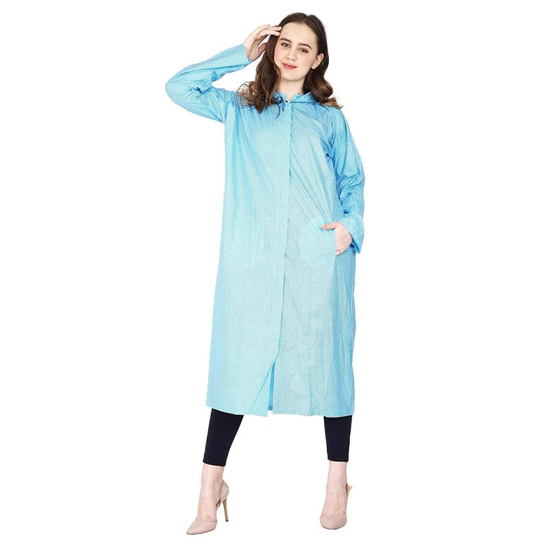 w+ Blue Women's Dotted Print Raincoat with Side Pocket, One-Piece Light Weight Raincoat (Medium)-picture-36