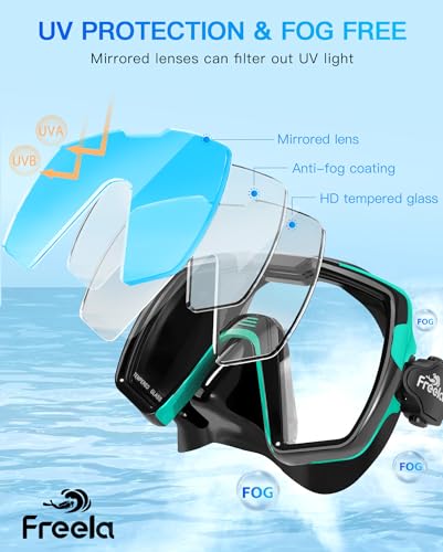 Image of Freela Adult Snorkel Diving Mask with Nose Cover, Tempered Glass Anti Fog Waterproof 180 Panoramic Wide View Scuba Free Diving Goggles for Men Women