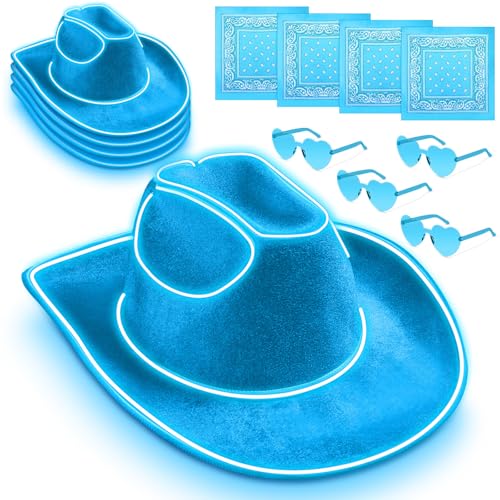 Jeere 12 Pcs Cowboy Light up Hat Set Include 4 LED Holographic Cowgirl Hats 4 Paisley Bandanas 4 Heart Sunglasses for Wedding(Light Blue)