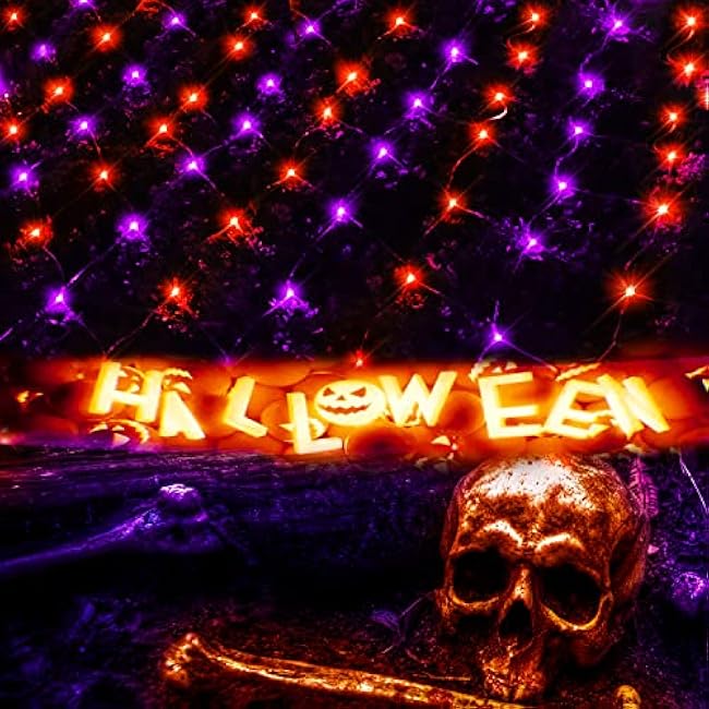 LED Net Light Halloween Decor Mesh Lights, Tree Warp Fairy Lights Outdoor Hanging String Light for Home, Bedroom, Christmas, Garden, Walkway, Bushes Decor-9.8ft x 6.6ft(Purple&Orange)