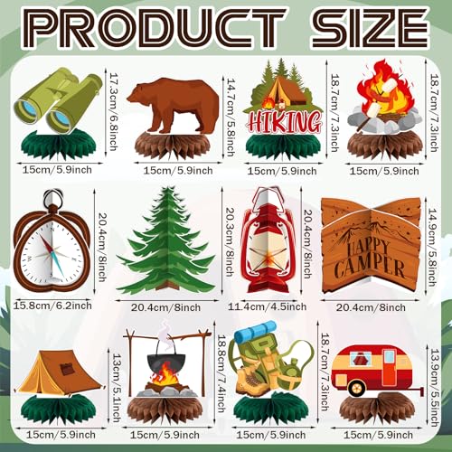 Image of Yuntau 12 Pcs Summer Camping Party Decorations Happy Camper Honeycomb Centerpieces Adventure Decoration Camping Party Table Sign Campfire Adventure Bears Table Toppers 3D Decor for Birthday