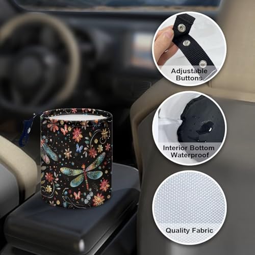 Image of Renewold Floral Dragonfly Butterflies Car Trash Can Automotive Interior Accessories Button Design Trash Bin for Car Garbage Can Gift for Women Men Storage Bag for Picnic Beach Home Office Waterproof