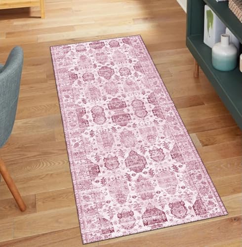 Alfombra de pasillo Boho de 90x180 cm lavable y rosa 2