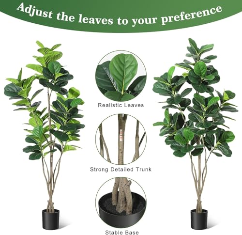 6FT Fiddle Leaf Fig Artificial Tree Faux Floor Plant with Black Planter Pot, Potted Fake Fiddle Leaf Fig Tree for Indoor Outdoor Home Office Decor