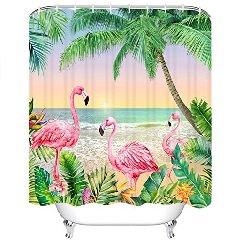 Summer Tropical Beach Shower Curtain, Pink Flamingo Palm Tree Jungle Leaves Shower Curtain, Ocean Seaside Coastal Scene Shower Curtain Set, Waterproof Bathroom Decoration Bathtub Decor 72"X72" #TOP1