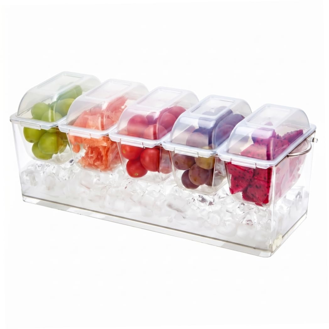 Nukinp Chilled Condiment Server with Lid, 5 Compartments Garnish Tray, Sealed Lid Drainable Tray for Fruits, Sauces & Parties, Clear