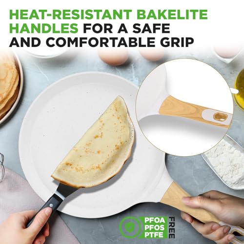 [NEW] $27.99 | NutriChef 2-Pack Non-Stick Crepe Pan Set, 9.4" Marble Coated Dosa Pans with Wooden Spreaders, White Cream - image 4