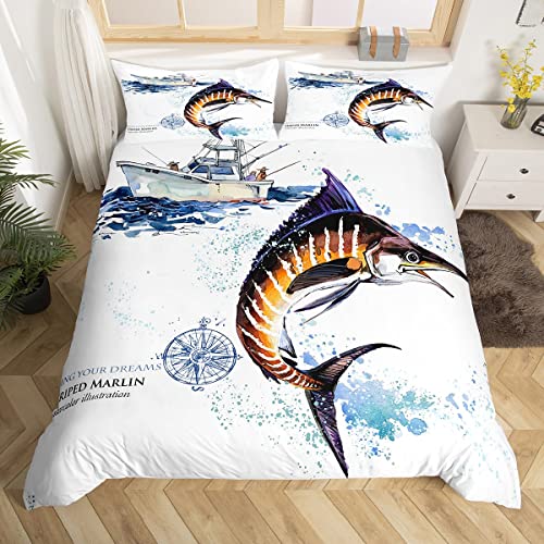 Marlin Swordfish Comforter Cover Tie Dye Duvet Cover Sets Hunting And Fishing Bedding Set For Kids Boys Girls Sea Fishing Boat Marine Life Nautical Quilt Cover With 2 Pillow Cases Queen Size Blue #TOP11