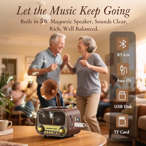 Image of PRUNUS J-190 Portable Radio AM FM SW Bluetooth, Retro Radios Vintage Small Transistor Radio with Best Sound,USB Rechargeable, Support TF Card /USB Playing,Rotary Knob Great, Gifts for Seniors