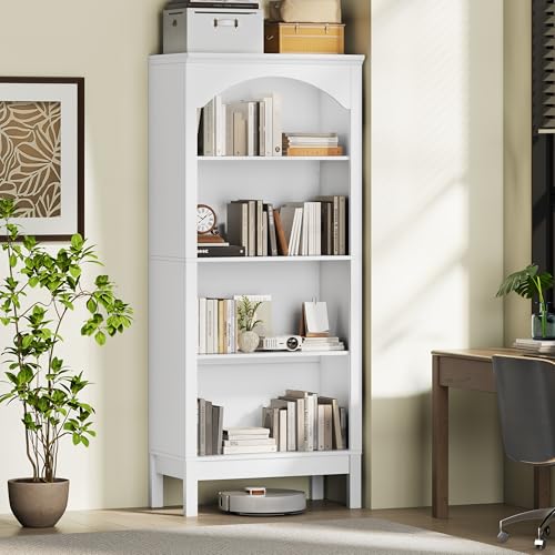 Image of 56 inch H Tall Bookshelf and Bookcase, Arched Book Shelf with 4-Tier Open Shelves, Wooden Storage Bookcase Freestanding Display Bookshelves for Bedroom, Living Room, White