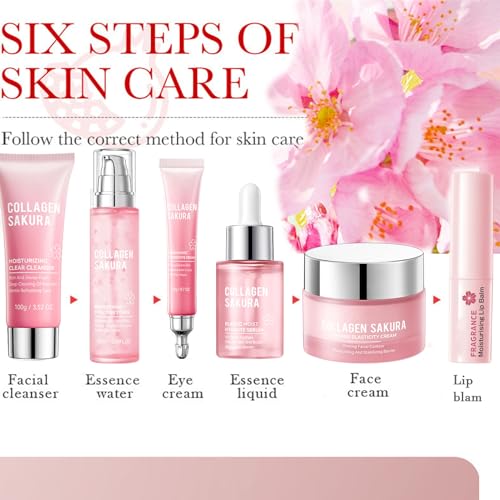 LOTIZUO Sakura Skincare Kit, 11Pcs Skin Care Set with Cleanser, Toner, Serum, Cream, Eye Cream, Lip Balm & Masks. Skincare Gift Set for Teens & Women, Moisturize & Smooth Skin (11Pcs, Cherry)