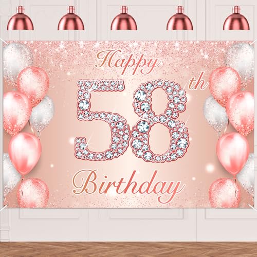 Image of Happy 58th Birthday Rose Gold Banner Cheers to 58 Years Old Backdrop Confetti Balloons Theme Decor for Women 58 Years Old Pink Birthday Party Decorations Bday Supplies Background Favors Gift Glitter
