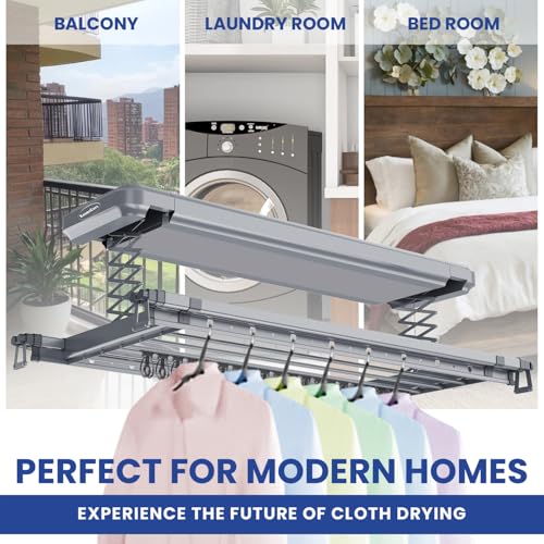 Image of KosmoCare Aluminum Alloy Ceiling Mounted Electric Clothes Drying Rack Space Saving Cloth Dryer Smart Lifting Motorized Laundry System Smart Clothes Hanger Remote Control Drying Poles Grey