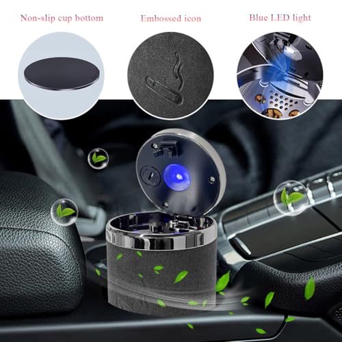 Image of Wevdn Car Ashtray with Lid, Detachable & Portable Stainless Steel Smokeless Ashtrays for Car, Mini Universal Smell Proof Windproof Car Ashtray with LED Blue Light (Black-Plush Surface)