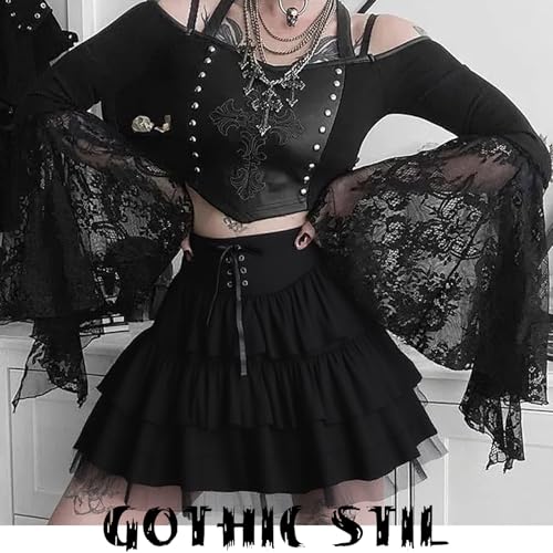 Gothic Rock Damen Minirock A-Linie Rock XL,Hochtaillierter Minirock mit Kordelzug & Maschenrand,Einstellbar Goth Skirt,Stufenrock Mädchen Kuchenrock für Halloween Karneval Cosplay Geschenk (41CM)