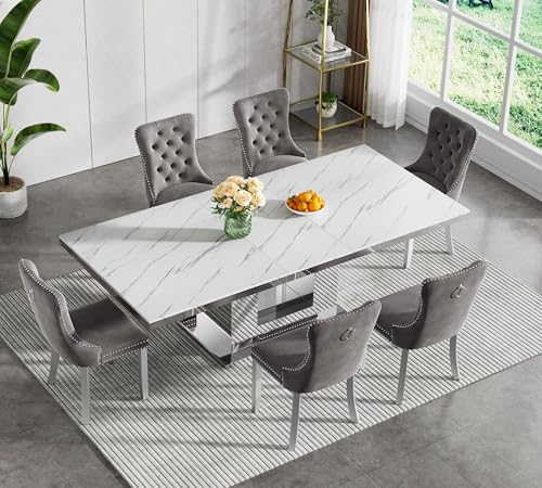 Image of Modern Extendable Dining Table Set for 6, Faux Marble Expandable Table with 6 Grey Velvet Chairs & Silver Mirrored Pedestal Base, 63 inch to 94 inch 3-Position Expansion, 7 Piece Luxury Dining Room Table Set