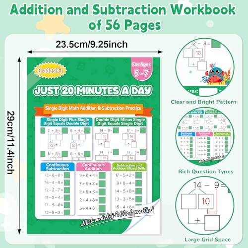 Image of Addition and Subtraction Workbook 1st Grade Math Workbook Math Worksheets Single&Double Digit Numbers Practice Math Worksheets for Home School, 56 Pages Front and Back, 5 Question Types
