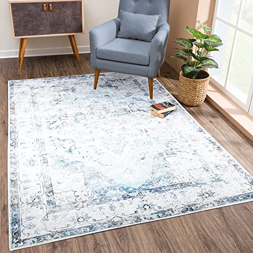 Bloom Rugs Tapete lavável antiderrapante 1,2 m x 1,8 m - tapete de área persa tradicional bege / azul para sala de estar, quarto, sala de jantar e cozinha - Tamanho exato: 1,2 x 1,8 m