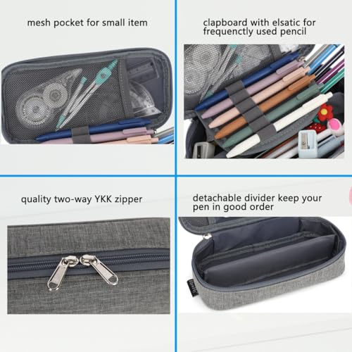 Image of FlowFly Large Capacity Pencil Case for Kids, Boys & Girls - Zippered Multi-Functional Pen Pouch, Soft & Portable Pencil Bag for School, Teens, Students, Grey