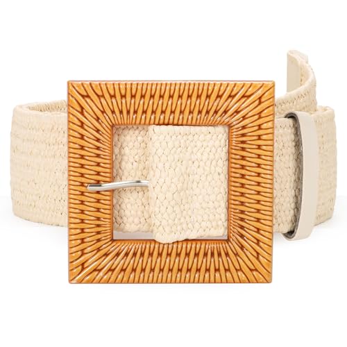 JASGOOD Straw Woven Elastic Stretch Belts for Women, Ladies Wide Boho Braided Dress Belts with Square buckle,Beige