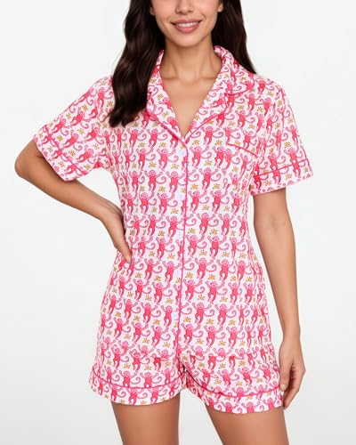 Women's Pajamas Set Button Down Ladies Summer Pajamas Monkey Printed Sleepwear Short Sleeve 2 Pc Pjs for Birthday Gift2