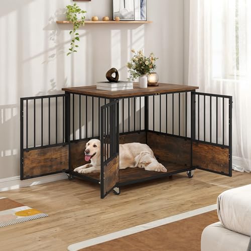 DWVO-Dog-Crate-Furniture-with-Wheels-38-Inch-Dog-Kennel-Indoor-Furniture-End-Table-Dog-Crate-for-Dogs-Farmhouse-Decorative-Wooden-Dog-Cage-Table-with-Double-Doors-Chew-Resistant-Rustic-Brown DWVO Dog Crate Furniture with Wheels 38 Inch Dog Kennel Indoor Furniture End Table Dog Crate for Dogs Farmhouse Decorative Wooden Dog Cage Table with Double Doors Chew Resistant Rustic Brown