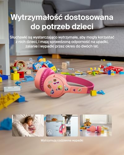 Bezprzewodowe słuchawki dla dzieci Belkin SoundForm Mini, wbudowany mikrofon, 30 h odtwarzania, z naklejkami – nauszne słuchawki do nauki zdalnej, szkoły, podróży, iPhone'a, iPada, Galaxy – różowe