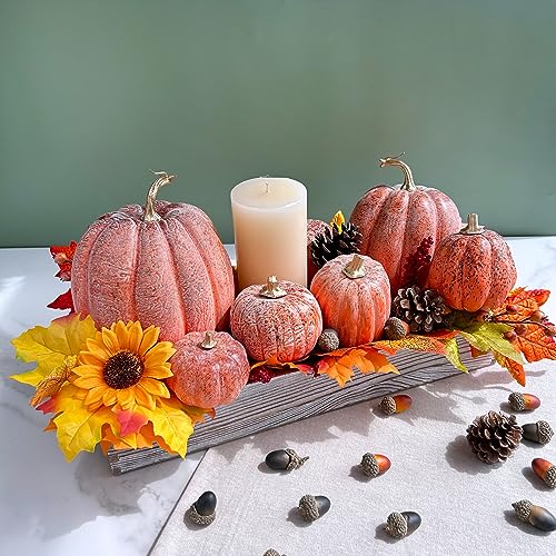 Image of Winlyn 7 Pcs Assorted Orange and Black Artificial Pumpkins Harvest Decorative Pumpkins for Rustic Farmhouse Fall Wedding Thanksgiving Halloween Table Centerpiece Mantel Shelf Seasonal Decor