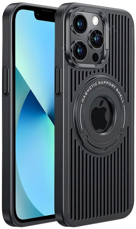 Image of Hybird Slim Armor Back Case Cover for iPhone 15 Pro MagSafe Heat Dissipation Kickstand | Magnetic Shell with Logo- View (Black)
