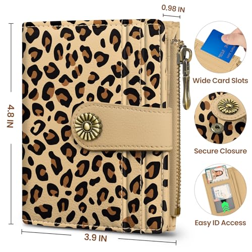 Image of Small Wallet for Women, RFID Blocking Bifold Card Holder Wallet with 10 Card Slots, Cash Compartment, Zipper Coin Pocket & ID Window, Cute Soft Vegan Leather Compact Wallet, Leopard