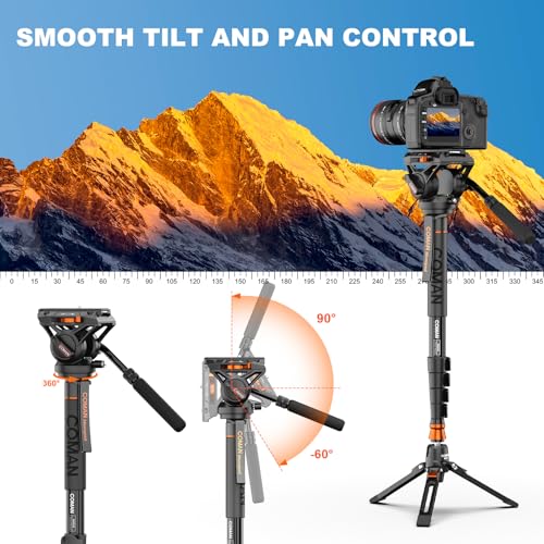 Professional Camera Monopod with Feet, 73.2 inch Aluminum Portable Travel Video Monopod with Removable Tripod Stand Base, Max Load 22 Lbs, New Q6 Fluid Head for DJI RS4 Manfrotto
