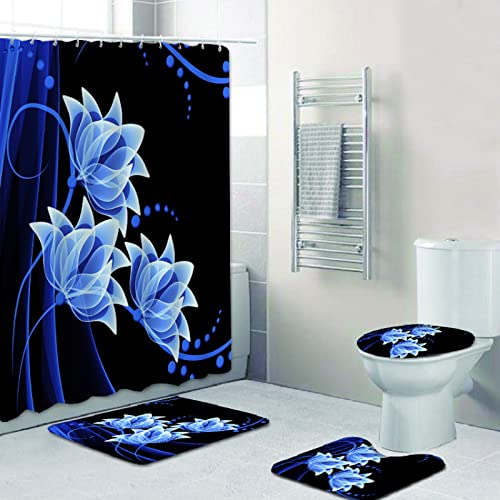 Duschvorhang Blaue Blume Badezimmerteppich 4-Teiliges Set, Duschvorhang 180x180 Polyester+Badematte rutschfeste(50x80)+U…