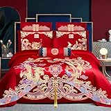 KIRYU Chinese Traditional Wedding Bedding Sets Asian Dragon and Phoenix Bird Embroidery Duvet Cover Set, Red Bedding Sheets & Pillowcases, Soft Brushed Microfiber (C,Queen)