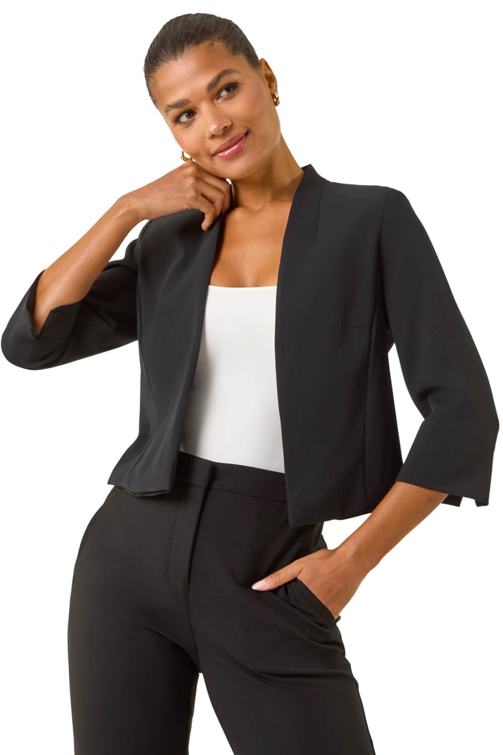 Roman Originals Bolero Jacket for Women UK Ladies Shrug Tailored Rochette Suit Blazer Formal Wedding Guests Crepe Crop Stretch Smart Cover Up Office Work Slim Edge to Edge