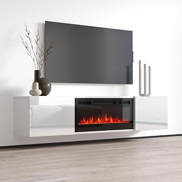 Meble Furniture Cali BL-EF Electric Fireplace TV Stand Wall Mounted Media Console with Storage Cabinets Modern High Gloss, 72 Inches White