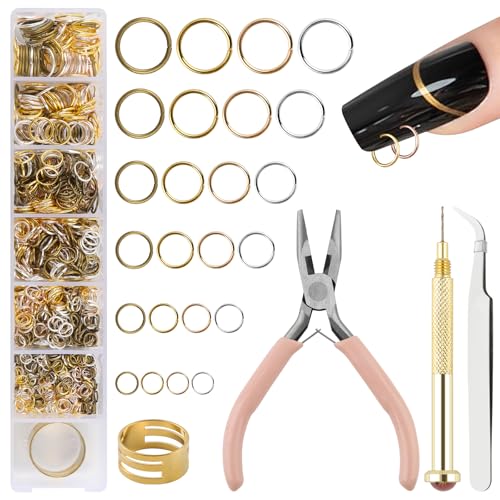 EBANKU 1014Pcs Nail Art Dangle Charms Piercing Tool Hand Drill, 6 tailles Open Jump Rings pour la fabrication de bijoux avec Jump Ring Opener, bagues de bijoux à ongles...