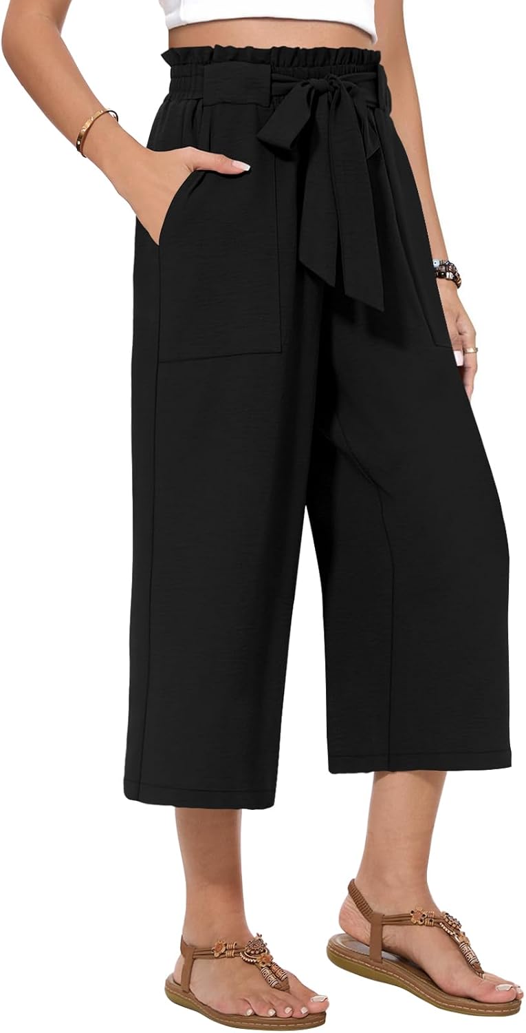 Womens Wide Leg Capri Pants Summer High Waisted Pants Drawstring Casual Loose Trousers with Pockets - Image 4
