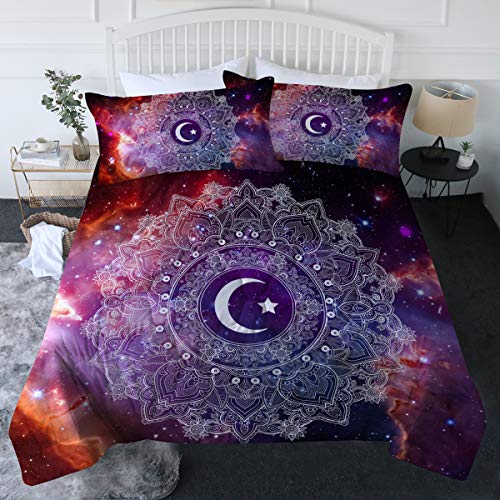 BlessLiving 3 Piece Moon and Star Comforter Set Celestial Mandala Bedding Set Cosmic Purple Space Comforter Full/Queen Size Reversible Quilt Sets with 2 Pillow Shams