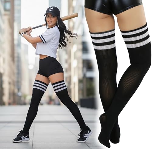 Image of ToBeInStyle Women's Heavyweight Knit Thigh High Long Socks w /Contrast 3 Stripe Top Band