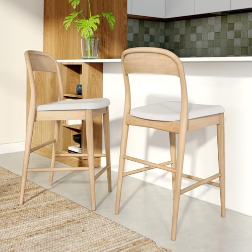 Image of Plank+Beam Loar Upholstered Counter Stool, Solid Rubberwood, Mid-Century Modern Kitchen Bar Chair, Curved Back, Low-VOC Finish, Counter Height Seating, Blonde /Sesame