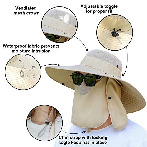 Image of Women Wide Brim Face Mask Sun Hat Detachable Neck Face Flap Ponytail UV Protection Visor Hat Garden Fishing Hiking