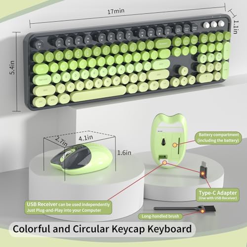 Image of Wireless Keyboard and Mouse, MOFII 104 Round Keycaps Retro Typewriter with OTG & Brush, Full-Size Ergonomic, Ideal for Windows PC, Home, Office and College Gray Green