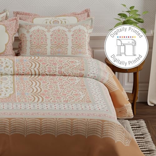 Image of BOUTIQUE LIVING Platinum Pulse 100% Cotton 800 TC Brown & Red Digital Meenakari Print King Bedsheet with 4 Pillow Covers