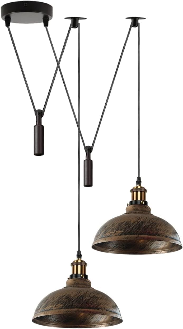 DC VOLTAGE 2 Head Spider Lights Ceiling Metal Curved Shaped Brushed Copper Finish 29 cm Shades Industrial Pendant Lights with 2m Adjustable Cable & Pulley for Kitchen Island Living Room Bed Room