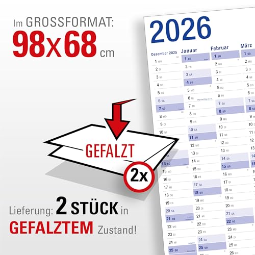 2er-Pack: Yohmoe® XXL Wandkalender 2026 groß (98 x 68 cm) GEFALZT in Poster Größe. Querformat, gefaltet - Kalender 2026 Wandkalender