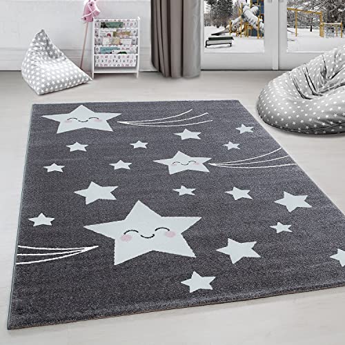Carpettex Kinderteppich süße Stern Design Grau 80 x 150 cm Läufer - Kurzflor Teppich Kinderzimmer...
