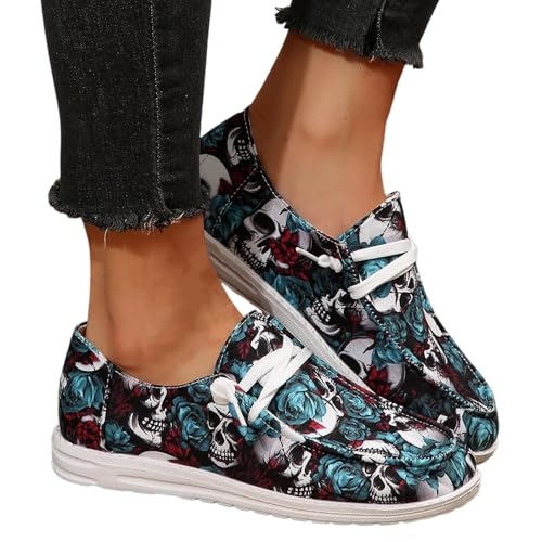 Women's Fashion Halloween Canvas Sneakers 2025,Skeleton Pumpkin Printed Low Top Lace up Walking Shoes Breathable Comfortable,Casual Flat Slip-On Shoes Pumpkin